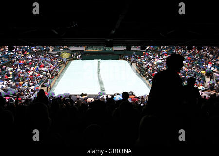 Tennis - Wimbledon Championships 2008 - Day Nine - The All England Club. General view of Centre Court with the rain covers on Stock Photo