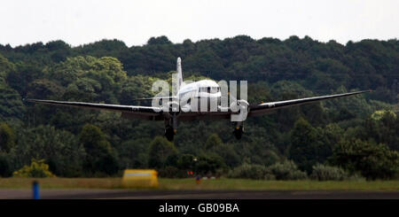 A Douglas DC3, better known as a Dakota, comes in to land at Coventry Airport on the final day that it will be allowed to offer British passenger flights. Stock Photo