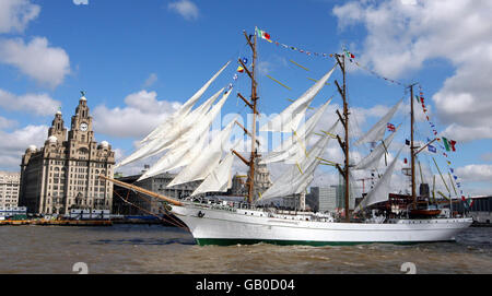 One of the Tall Ships on the River Mersey as part of the Tall Ships race in Liverpool for the Capital of Culture celebrations. Stock Photo