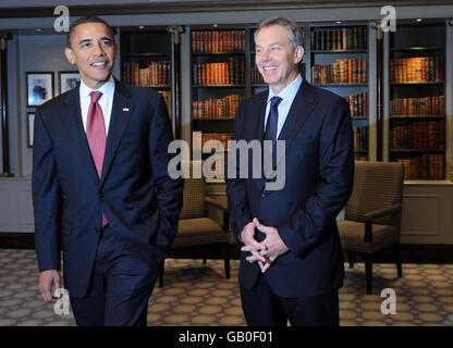 US senator Barack Obama meets with former British Prime Minister Tony Blair in London. Stock Photo