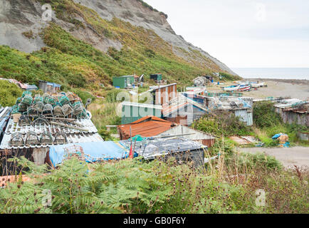 Fisherman huts at Port Mulgrave near Staithes on the North Yorkshire coast. England. UK Stock Photo