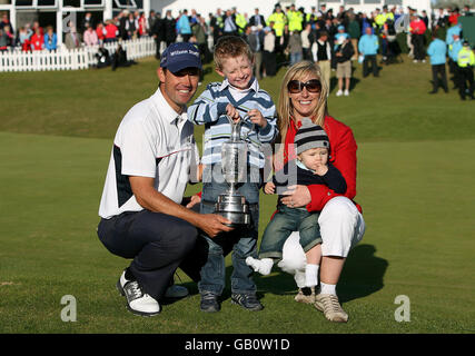 Republic of Ireland's Padraig Harrington, son Patrick (second left), wife Caroline and son Ciaran celebrates with the trophy after winning the Open Championship at the Royal Birkdale Golf Club, Southport. Stock Photo