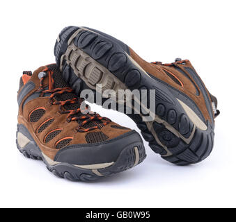 One pair of brown high top walking boots isolated on white background Stock Photo