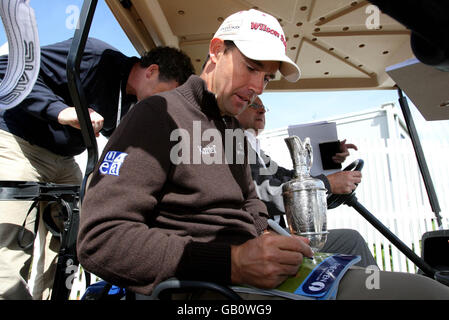 Republic of Ireland's Padraig Harrington signs autographs as he leaves following a press conference at the Royal Birkdale Golf Club in Southport. Stock Photo