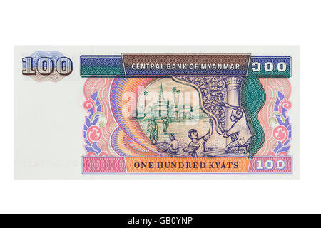 Myanmar one hundred Kyat note on a white background Stock Photo