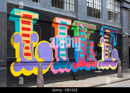 Like - part of colourful mural graffiti on wall at Shoreditch, London in July Stock Photo