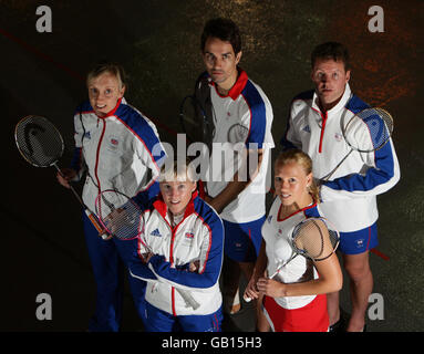 Great Britain's (back row left to right) Donna Kellogg, Nathan Robertson, Anthony Clark,(front Row) Tracey Hallam and Gail Emms during the Olympic Team GB Media Day at the NIA in Birmingham. Stock Photo