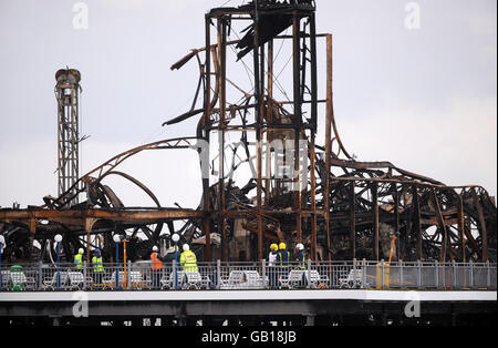 Part of the fire damaged Grand Pier at Weston-super-Mare the day after a blaze ravaged the historic pier. Stock Photo