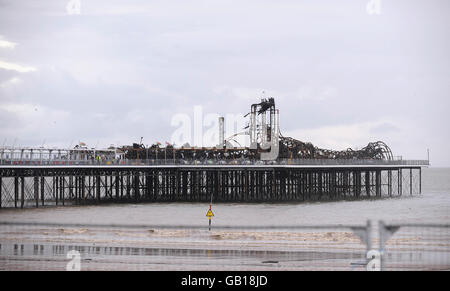 The fire damaged Grand Pier at Weston-super-Mare the day after a blaze ravaged the historic pier. Stock Photo