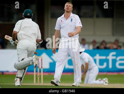 England's Andrew Flintoff reacts as South Africa's Mark Boucher scores runs during the Third Test match at Edgbaston, Birmingham. Stock Photo
