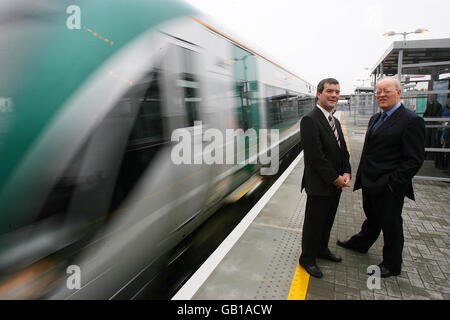 Minister for Transport Noel Dempsey and John Lynch Iarnrod Eireann Chairman at the new train station at Park West/Cherry Orchard Plaza in Dublin. The station is the latest phase of the Kildare Route Project. Stock Photo