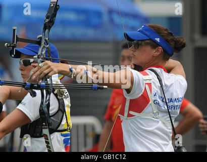 Great Britain's Alison Williamson in action in the Women's Individual Ranking Round of the Archery competition at the Beijing Olympic Green Archery Field. Stock Photo