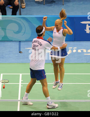 Great Britain's Gail Emms and Nathan Robertson celebrate winning their first round Mixed Doubles match against China's Gao Ling and Zheng Bo at Beijing's University Of Technology Gymnasium during the 2008 Beijing Olympic Games in Beijing, China. Stock Photo