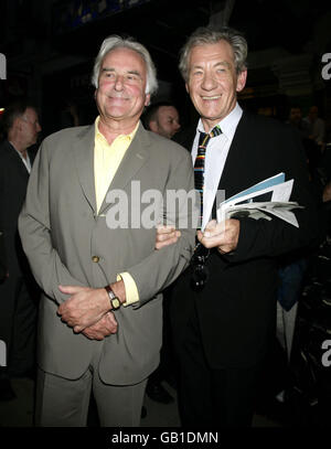 Playwright and director Richard Ayres (left) and Sir Ian McKellen leaving the press night of 'The Female of the Species' at the Vaudeville Theatre in central London. Stock Photo