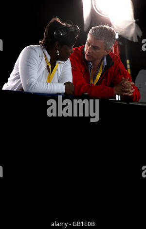 Athletics - Aviva National Championships 2008 - Birmingham Alexander Stadium. Former Triple-jumper and now BBC Commenator Jonathan Edwards (r) during the Aviva National Championships, Alexander Stadium, Birmingham Stock Photo