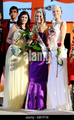 (From left to right) first runner up Chloe Marshall, aged 17 from Surrey, Miss England winner Laura Coleman, aged 22 from Derby, and second runner up Vanessa Lansom, aged 23 from Nottingham pictured during the Miss England 2008 Grand Final at Troxy in east London. Stock Photo