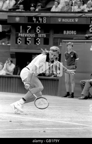 Sweden's Bjorn Borg in action against American John McEnroe Stock Photo