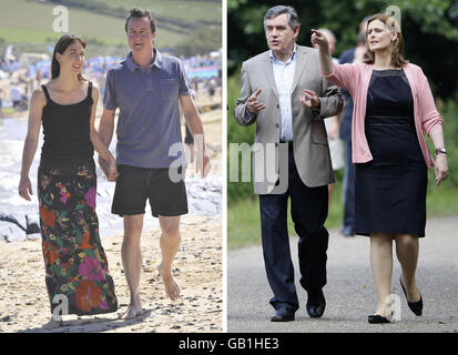 Conservative Party leader David Cameron and his wife Samantha (left) relax on Harlyn Bay beach near Padstow, Cornwall on the first day of their summer holiday today and Prime Minister Brown and his wife Sarah walk through Whitlingham Country Park in Trowse, Norfolk on the first day of their holiday yesterday. Stock Photo