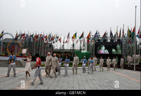 Ireland's Olympic team during their flag raising ceremony at the Olympic Village in Beijing, China. Stock Photo