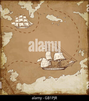 Vintage marine map with sailing vessels. Ancient map with ships and ...