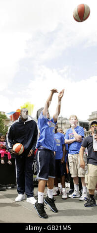 Chicago Bulls and Great Britain national team basketball player Luol Deng, during the NBA Jam Van event (the NBA's free interactive basketball touring programme) in Trafalgar Square, central London. Stock Photo