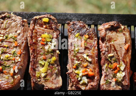 Beef Meat with Chimichurri Sauce. Pieces of Beef Meat with Chimichurri Sauce on the Grill, Close Up. Raw sinta meat, raw flesh. Red meat Stock Photo