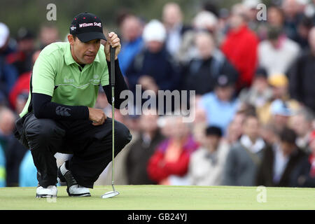 Republic of Ireland's Padraig Harrington lines up a putt during Round Two of the Open Championship at the Royal Birkdale Golf Club, Southport. Stock Photo