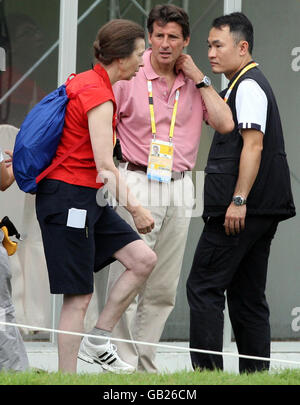 Princess Anne with Seb Coe at the Shatin Equestrian centre, Hong Kong, during the 2008 Beijing Olympic Games. Stock Photo