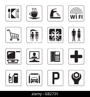 Gas station, mall and motel icons set - vector illustration Stock Vector