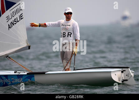 Great Britain's Finn sailor Ben Ainslie during the abandoned medal race off the Olympic Games Sailing Centre in Qingdao, China. Stock Photo