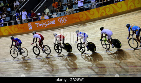 Cyclists warm up for Saturday's competition at the Laoshan Velodrome during the 2008 Beijing Olympic Games in China. Stock Photo