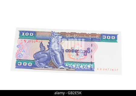 Myanmar one hundred Kyat note on a white background Stock Photo