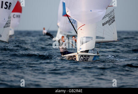 Great Britain's 470 women's team, Christina Bassadone and Saskia Clark during today's round of their competition at the 2008 Beijing Olympic Games' Sailing Centre in Qingdao, China. Stock Photo