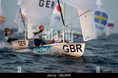 Great Britain's 470 women's team, Christina Bassadone and Saskia Clark during today's round of their competition at the 2008 Beijing Olympic Games' Sailing Centre in Qingdao, China. Stock Photo