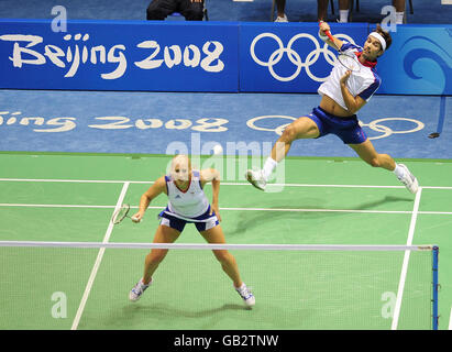 Great Britain's Gail Emms (left) and Nathan Robertson during their Quarter Final match at Beijing's University Of Technology Gymnasium during the 2008 Beijing Olympic Games in Beijing, China. Stock Photo