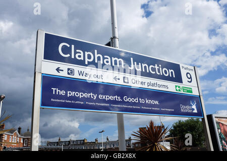 A sign on a platform of Clapham Junction train station in London, England. Stock Photo