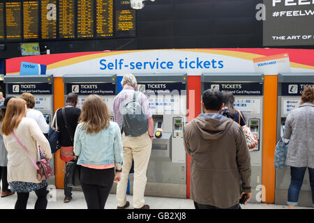 Self-service ticket machines at Waterloo station in London, England. Stock Photo