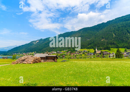 Wooden shed with wood stack on green meadow on shore of Weissensee lake in summer landscape, Austria Stock Photo