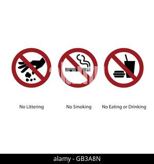 Three circle signboard. No Littering, No smoking and No eating or drinking Stock Vector