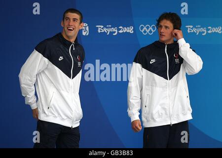 USA's gold medal winner Michael Phelps (left) with bronze medalist Ryan Lochte prior to receiving their medalsm, after the Men's 200m Individual Medley Final, at the 2008 Olympic Games' National Aquatics Center in Beijing, China. Stock Photo