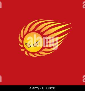 Mad sun logo on red background represent summer time, hot weather, sun burn, strong sunshine Stock Vector