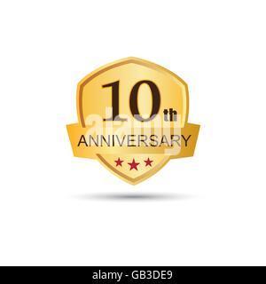 Golden badge 10 years anniversary logo Stock Vector