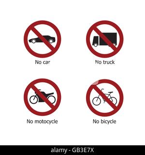 Set of prohibit transportation sign icons. No car, no truck, no motorcycle and no bicycle Stock Vector