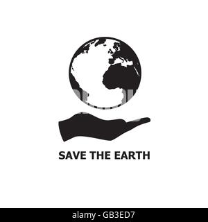 Black earth and hand icon logo. Save the earth logo. Saving environment logo. Global warming warning logo. Stock Vector