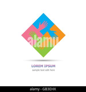 Four organization cooperation colorful logo - four pieces of jigsaws and hands connected together Stock Vector