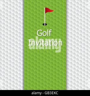 Golf tournament invitation graphic design. Golf green, flag and hole on golf ball pattern texture. Stock Vector