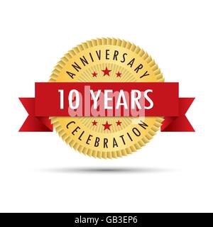 Ten years anniversary, tenth anniversary celebration gold badge icon logo vector graphic design Stock Vector