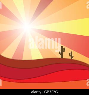 Abstract sun shining light beam on desert, sand dune and cactus vector graphic design background Stock Vector