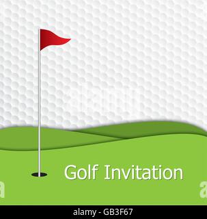 Golf tournament invitation graphic design. The design representing golf green, flag and hole on golf ball pattern texture. Stock Vector