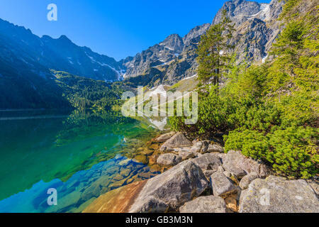 Rocks in beautiful green water Morskie Oko lake, Tatra Mountains, Poland Stock Photo